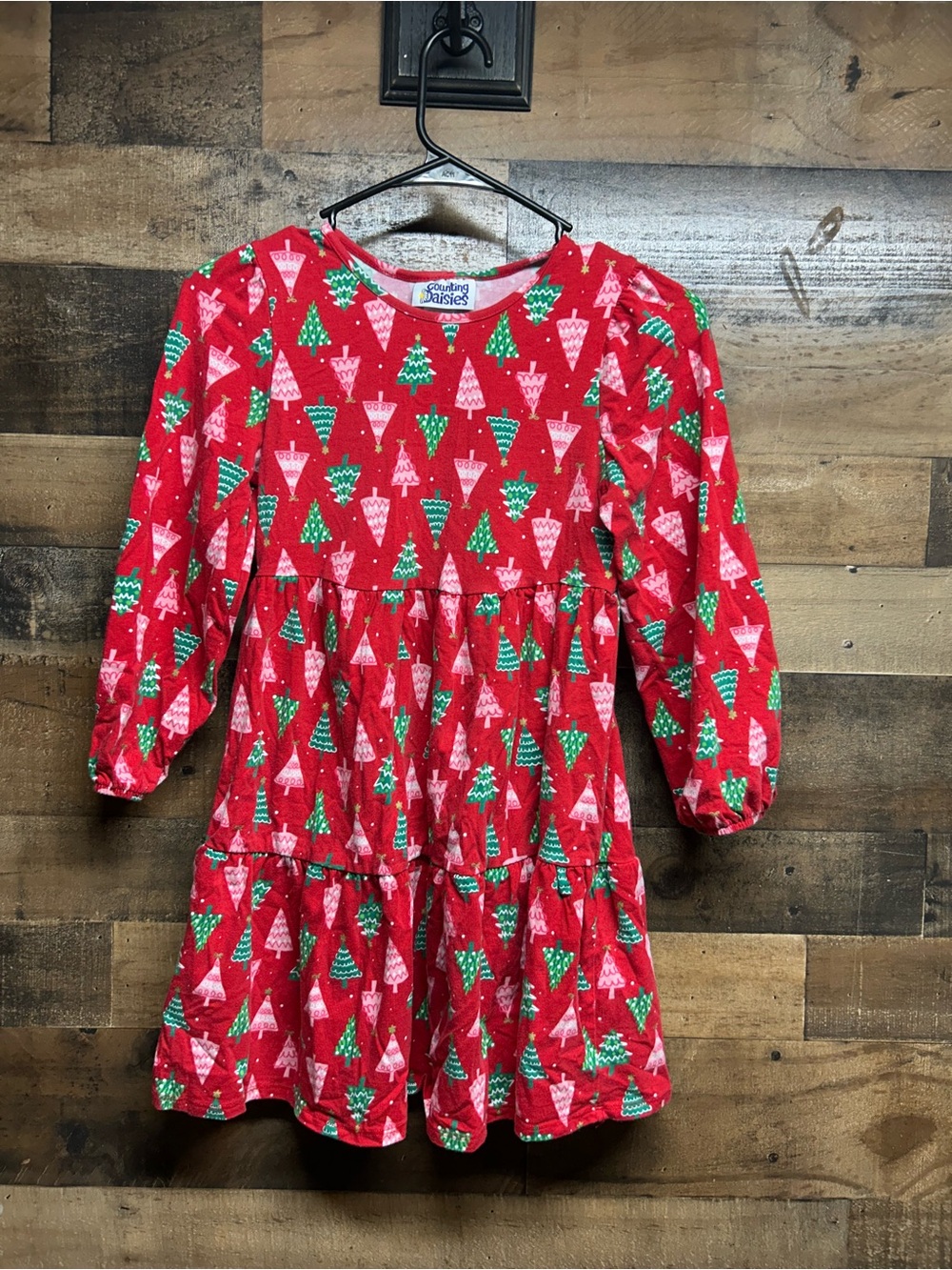 Cozy Red Holiday Tree Tiered Dress for Girls